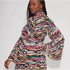Gabrielle Union NY&Co Pleated Multicolored Bell Sleeve Belt Boho Vibrant Dress L